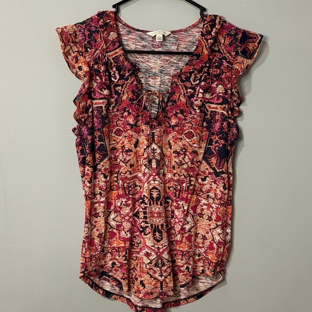 Lucky Brand Red Orange Medallion Print Ruffle Cap Sleeve Tie Neck Top Small